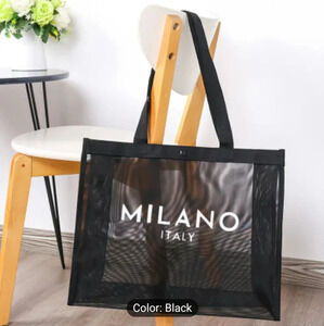 NWT Black Mesh Travel MILANO Tote Bag, Sturdy Sheer Large Rectangle Shape